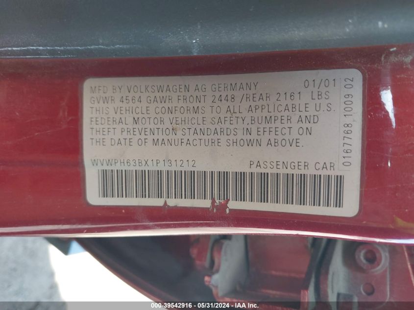 2001 Volkswagen Passat Gls V6 VIN: WVWPH63BX1P131212 Lot: 39542916