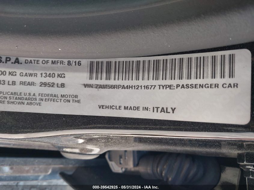2017 Maserati Quattroporte S VIN: ZAM56RPA4H1211677 Lot: 39542925