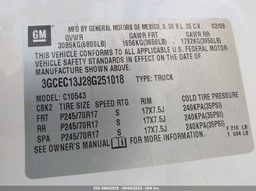 2008 Chevrolet Silverado 1500 Lt1 VIN: 3GCEC13J28G251018 Lot: 39542929