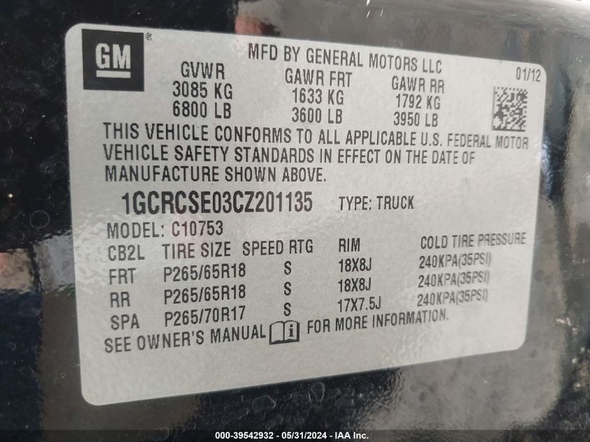 2012 Chevrolet Silverado 1500 Lt VIN: 1GCRCSE03CZ201135 Lot: 39542932