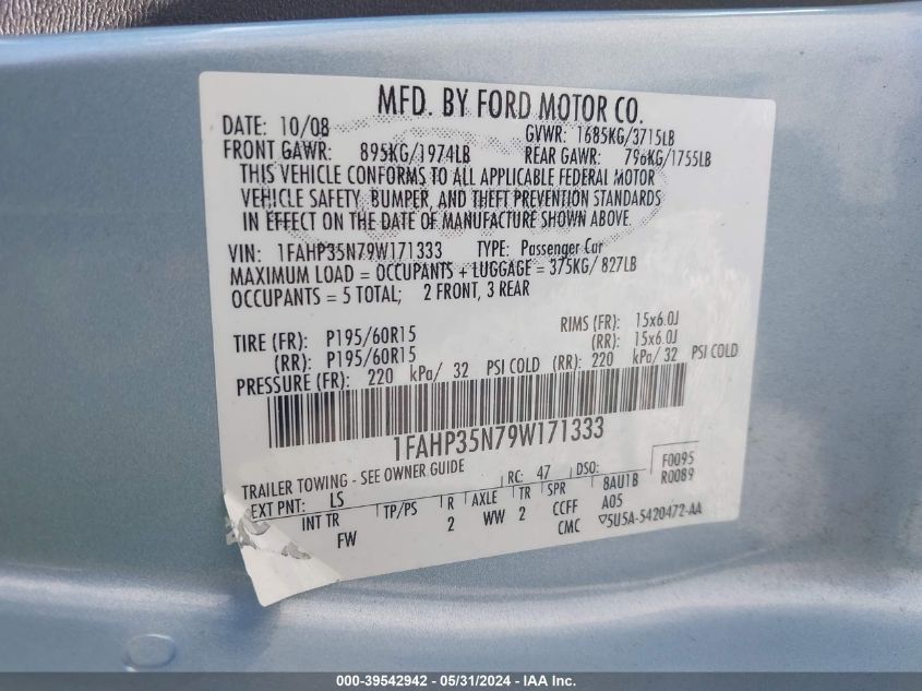 2009 Ford Focus Se VIN: 1FAHP35N79W171333 Lot: 39542942