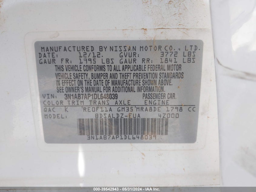 2013 Nissan Sentra Sv VIN: 3N1AB7AP1DL648039 Lot: 39542943