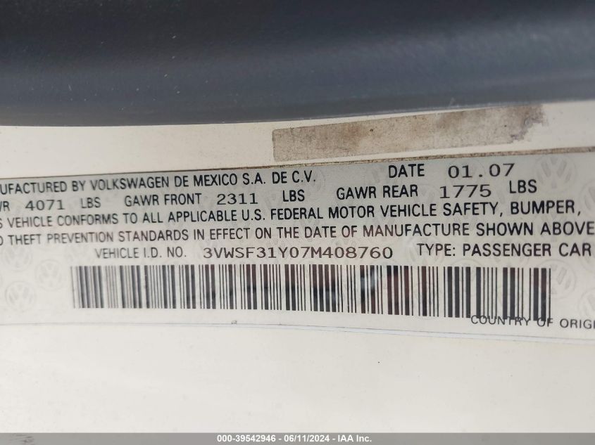 2007 Volkswagen New Beetle 2.5 VIN: 3VWSF31Y07M408760 Lot: 39542946