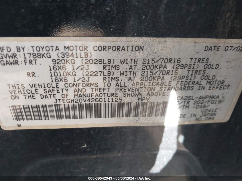 2002 Toyota Rav4 VIN: JTEGH20V426011125 Lot: 39542949