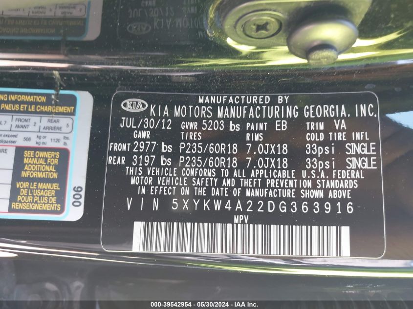 2013 Kia Sorento Sx VIN: 5XYKW4A22DG363916 Lot: 39542954