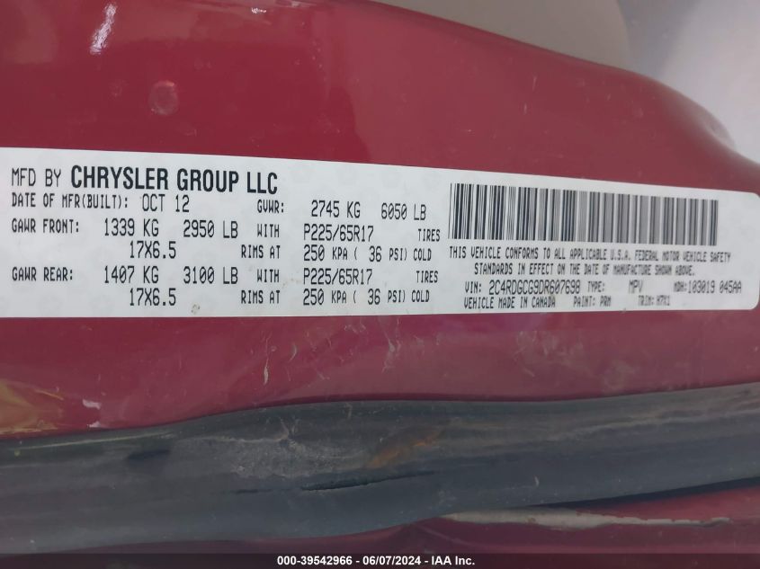 2013 Dodge Grand Caravan Sxt VIN: 2C4RDGCG9DR60769 Lot: 39542966