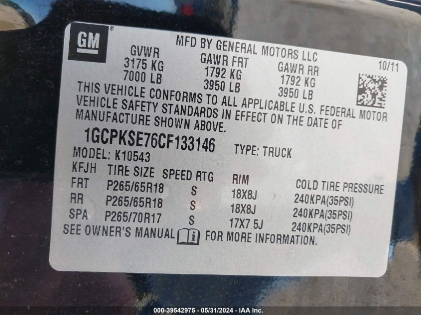 2012 Chevrolet Silverado 1500 Lt VIN: 1GCPKSE76CF133146 Lot: 39542975