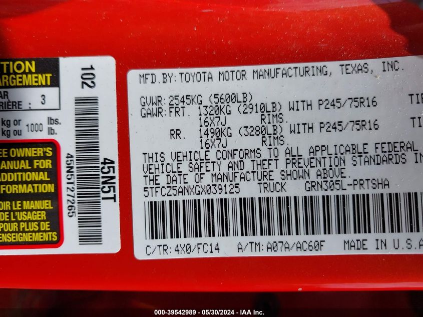 2016 Toyota Tacoma Sr5 V6 VIN: 5TFCZ5ANXGX039125 Lot: 39542989