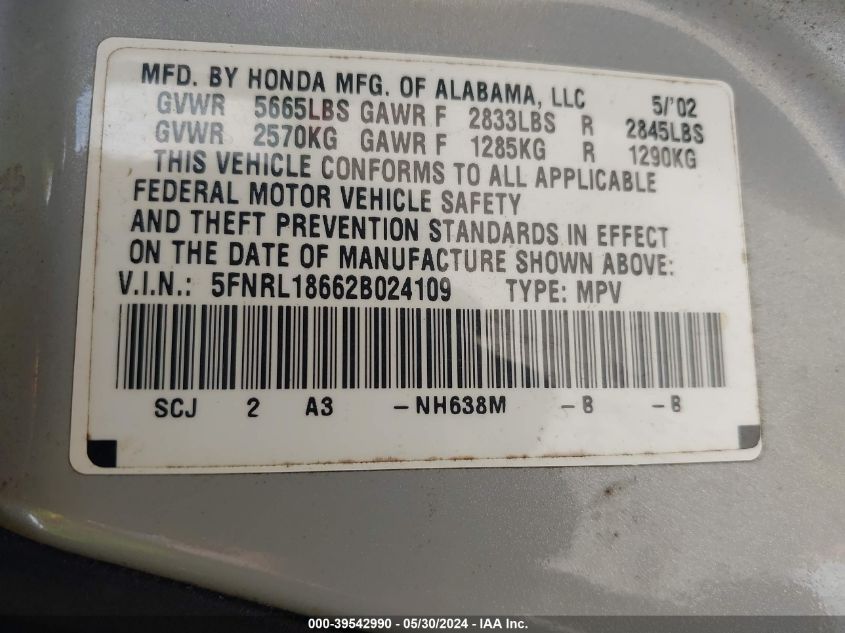 2002 Honda Odyssey Ex VIN: 5FNRL18662B024109 Lot: 39542990