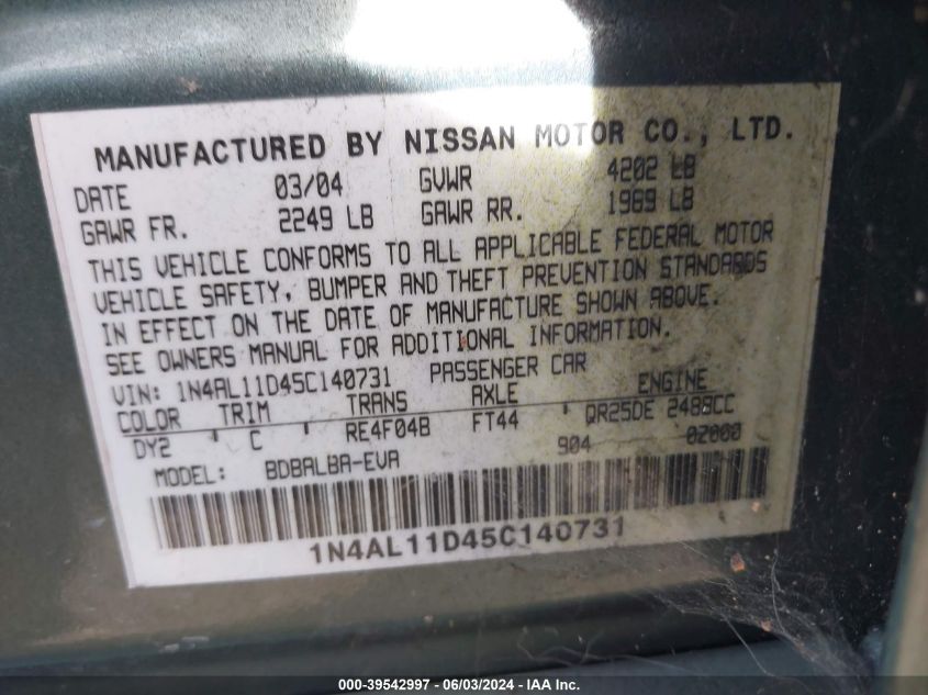 2005 Nissan Altima 2.5 S VIN: 1N4AL11D45C140731 Lot: 39542997