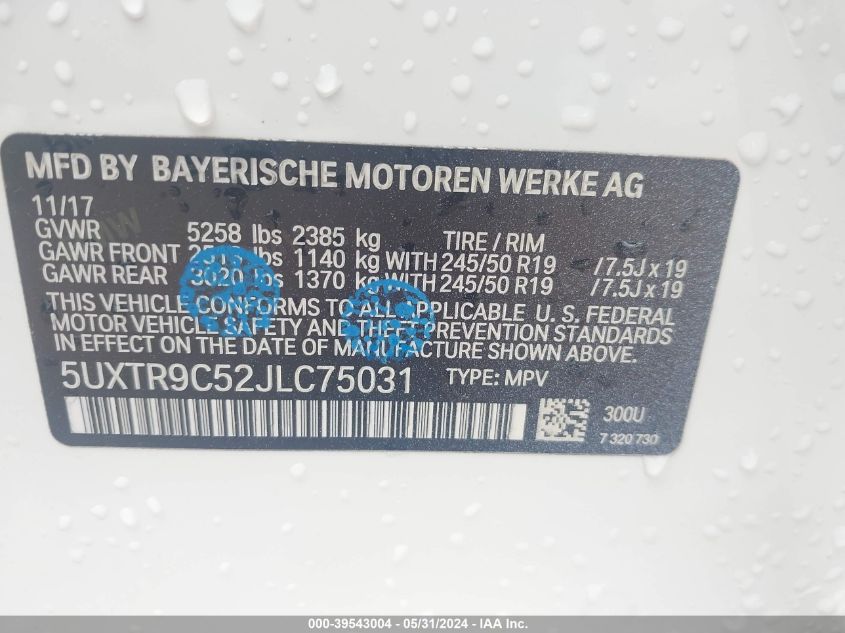 2018 BMW X3 xDrivem40I VIN: 5UXTR9C52JLC75031 Lot: 39543004
