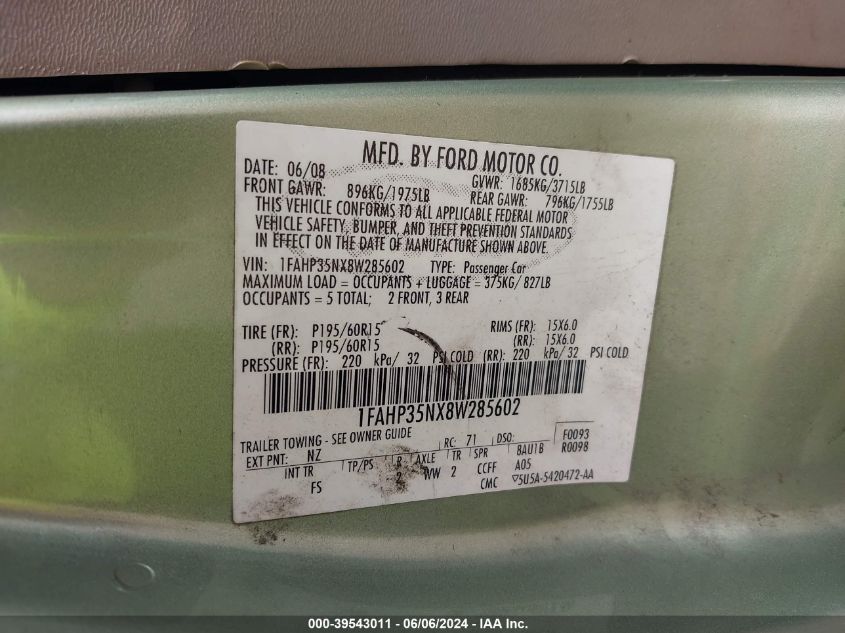 1FAHP35NX8W285602 2008 Ford Focus Se/Ses