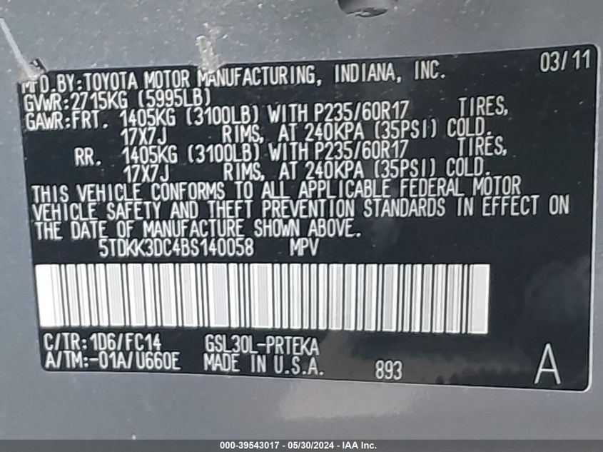 2011 Toyota Sienna Le V6 VIN: 5TDKK3DC4BS140058 Lot: 39543017