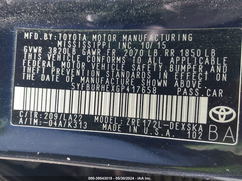 2016 Toyota Corolla S Premium VIN: 5YFBURHEXGP417658 Lot: 39543018