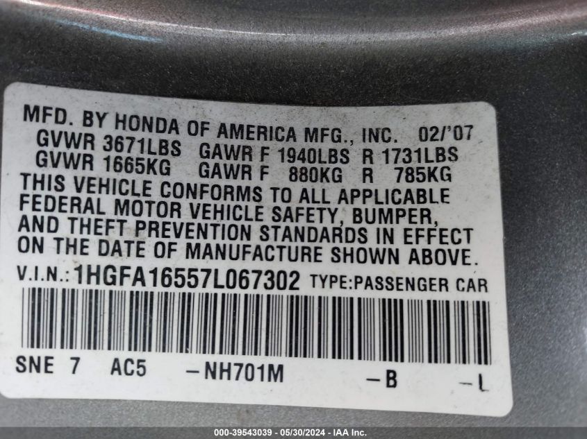 2007 Honda Civic Lx VIN: 1HGFA16557L067302 Lot: 39543039
