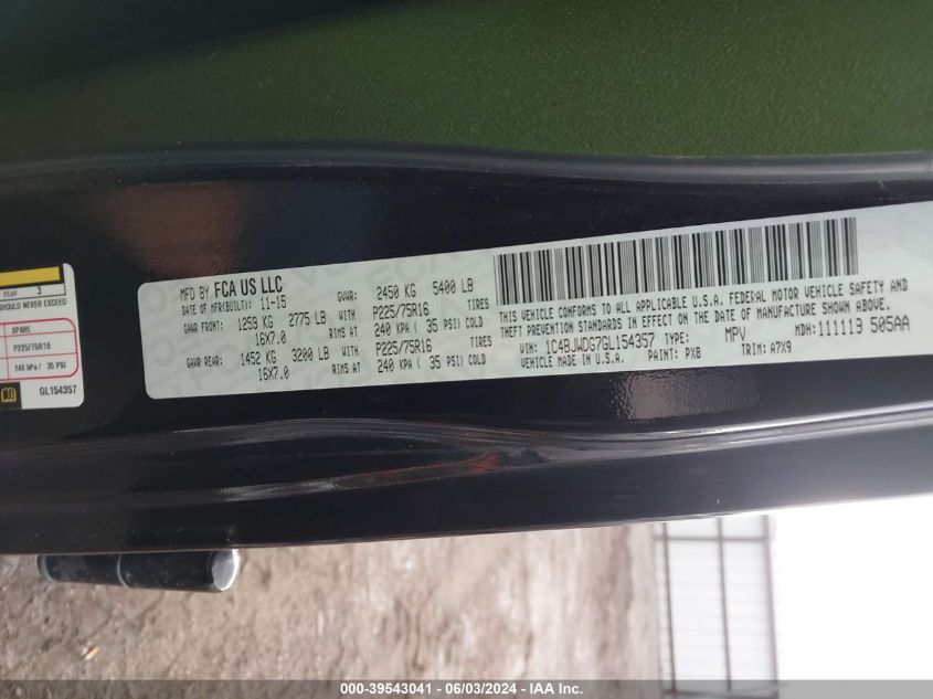 2016 Jeep Wrangler Unlimited Sport VIN: 1C4BJWDG7GL154357 Lot: 39543041