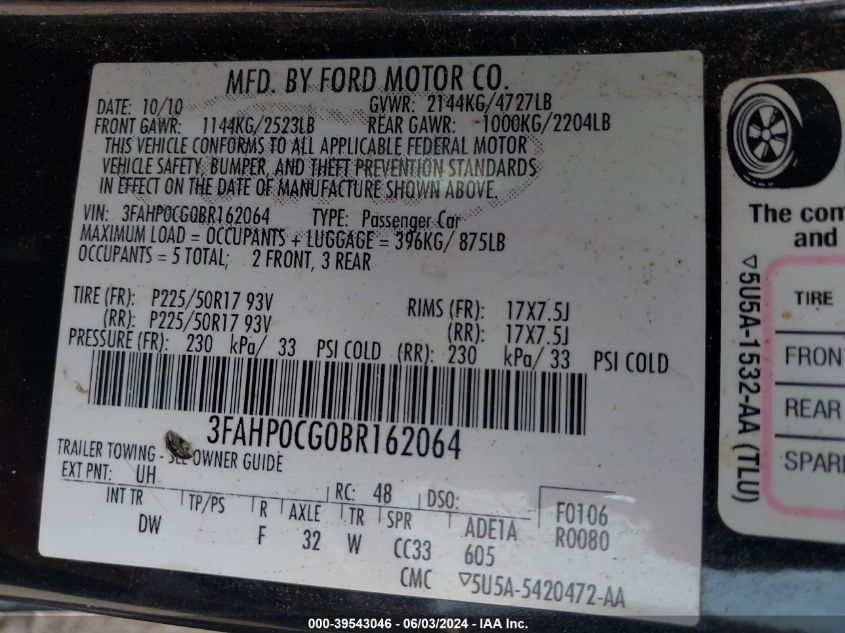 2011 Ford Fusion Sel VIN: 3FAHP0CG0BR162064 Lot: 39543046