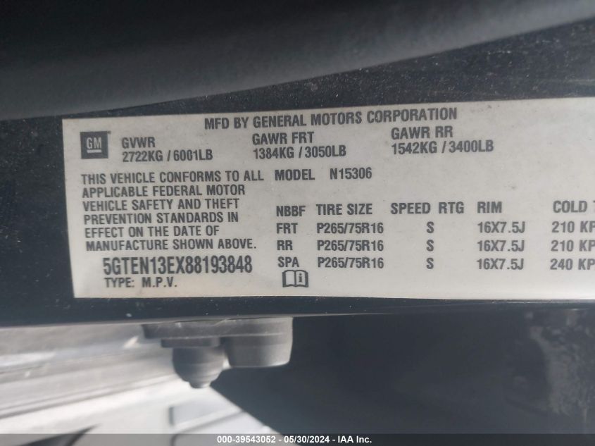 2008 Hummer H3 Suv VIN: 5GTEN13EX88193848 Lot: 39543052