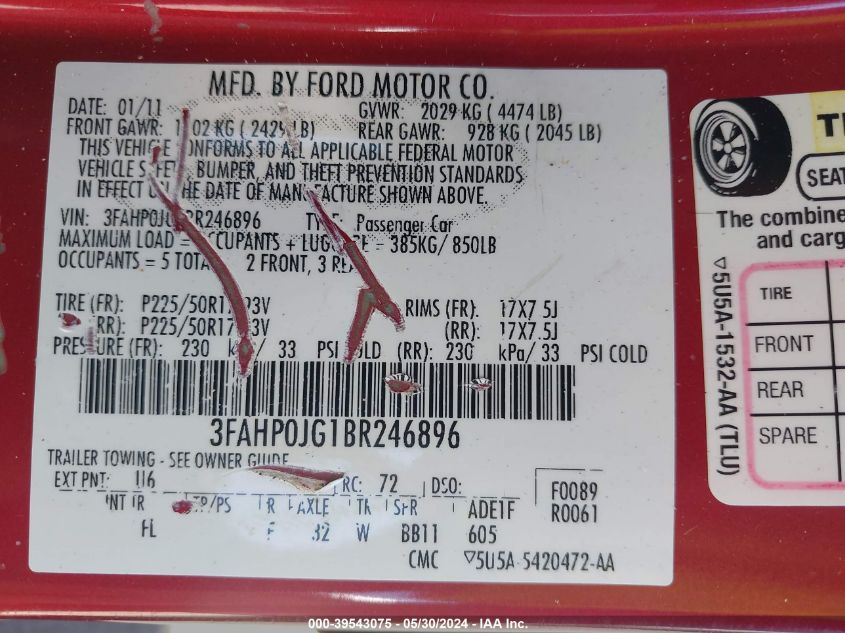 2011 Ford Fusion Sel VIN: 3FAHP0JG1BR246896 Lot: 39543075