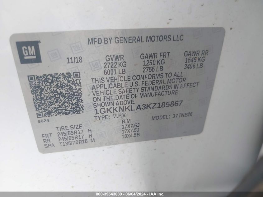 2019 GMC Acadia Sle-1 VIN: 1GKKNKLA3KZ185867 Lot: 39543089