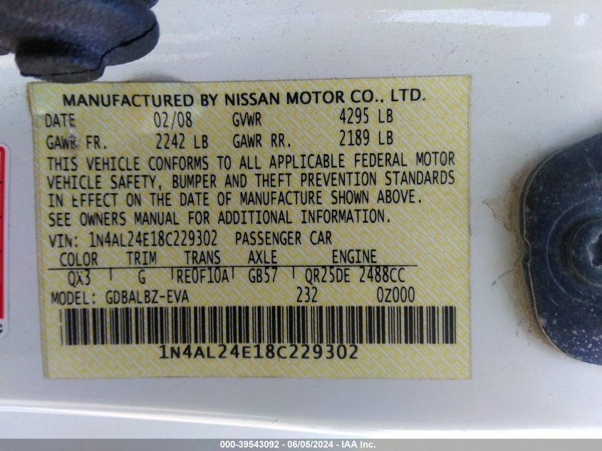 2008 Nissan Altima 2.5 S VIN: 1N4AL24E18C229302 Lot: 39543092
