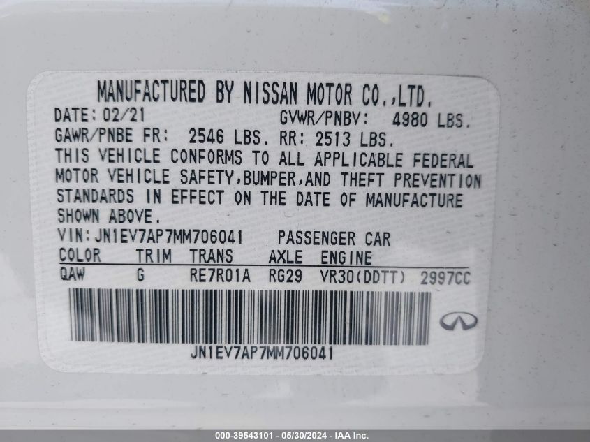 2021 Infiniti Q50 Pure VIN: JN1EV7AP7MM706041 Lot: 39543101