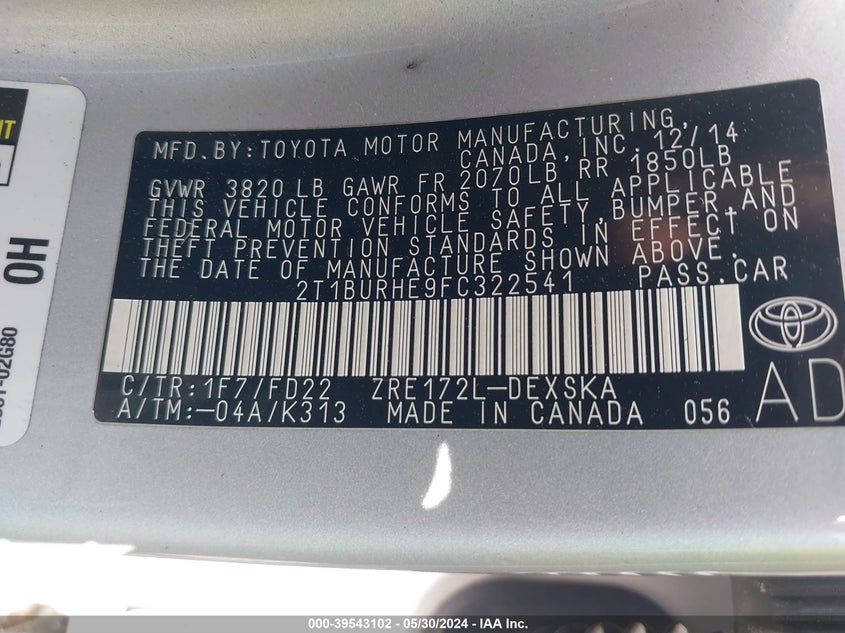 2015 Toyota Corolla S Plus VIN: 2T1BURHE9FC322541 Lot: 39543102