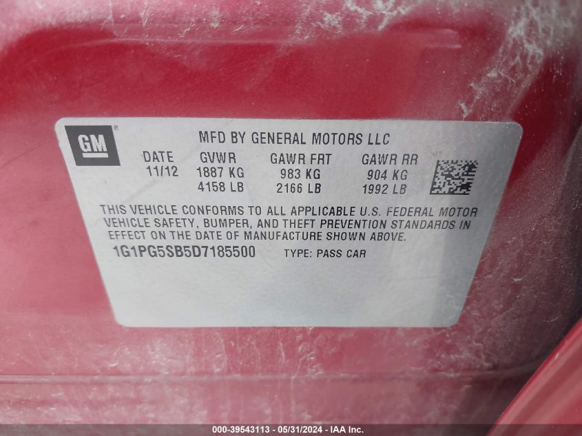 2013 Chevrolet Cruze Ltz VIN: 1G1PG5SB5D7185500 Lot: 39543113