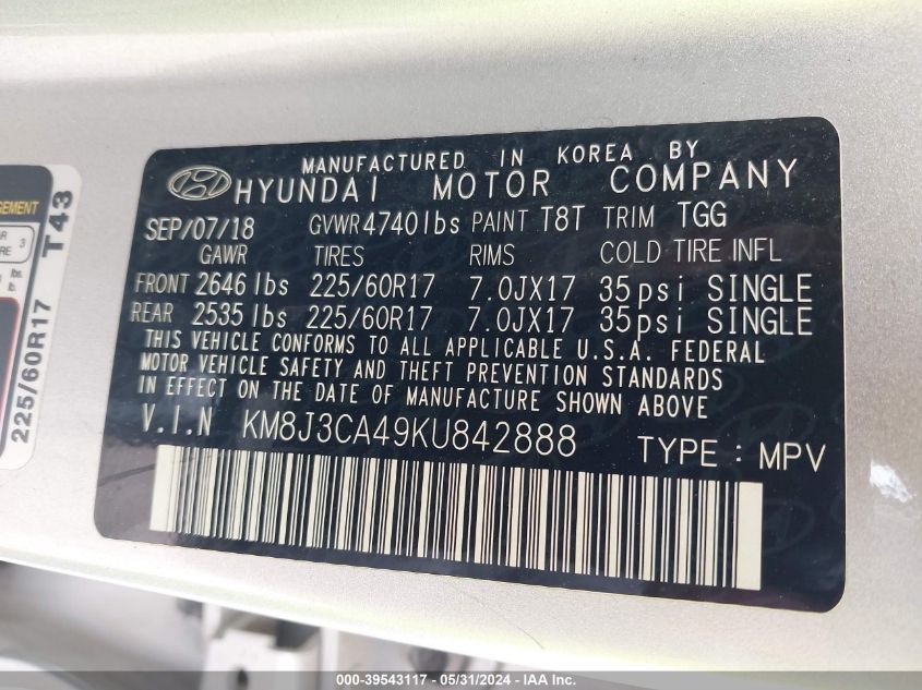 2019 Hyundai Tucson Value VIN: KM8J3CA49KU842888 Lot: 39543117