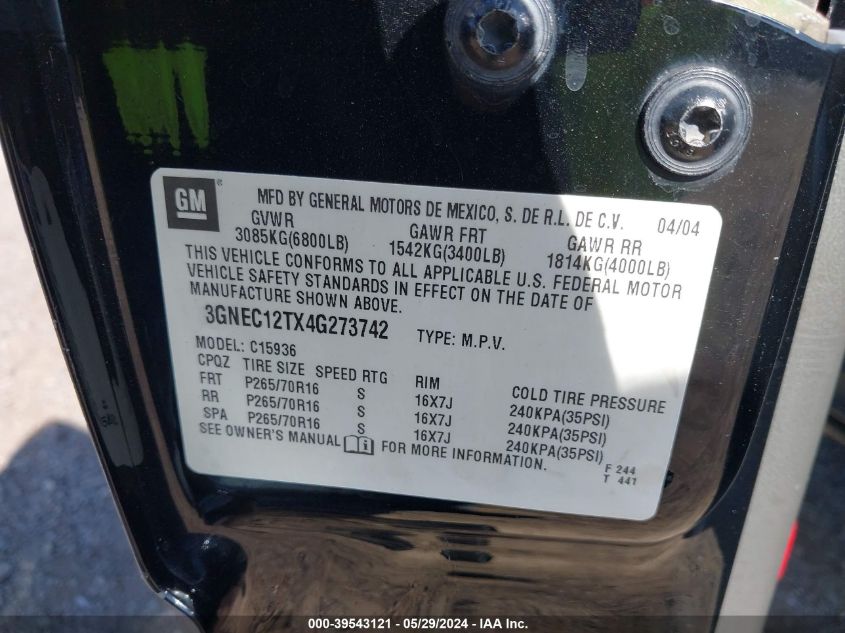 2004 Chevrolet Avalanche 1500 VIN: 3GNEC12TX4G273742 Lot: 39543121