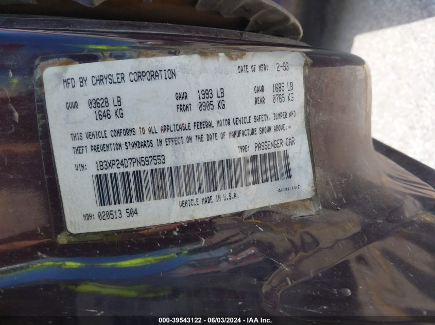 1993 Dodge Shadow VIN: 1B3XP24D7PN597553 Lot: 39543122