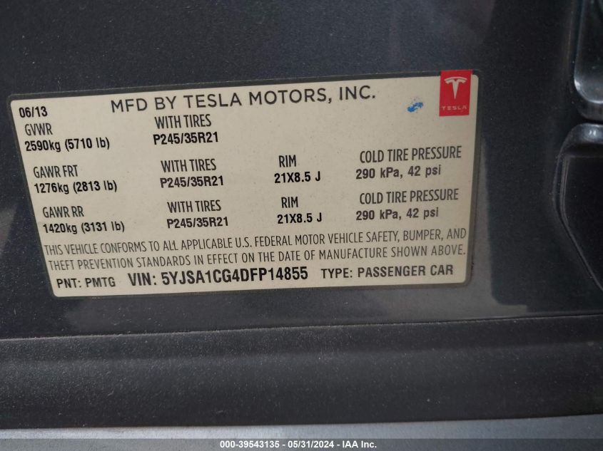 2013 Tesla Model S VIN: 5YJSA1CG4DFP14855 Lot: 39543135