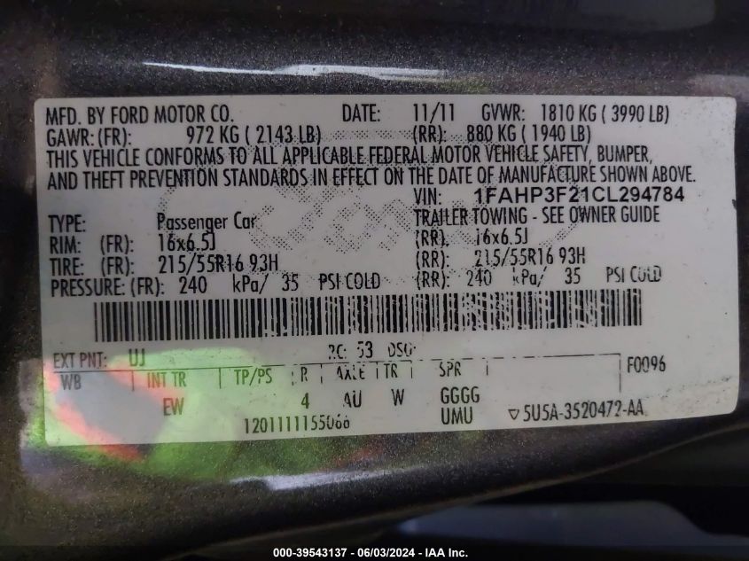 2012 Ford Focus Se VIN: 1FAHP3F21CL294784 Lot: 39543137