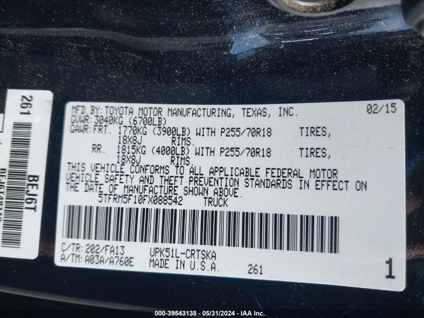 2015 Toyota Tundra Sr 4.6L V8 VIN: 5TFRM5F10FX088542 Lot: 39543138