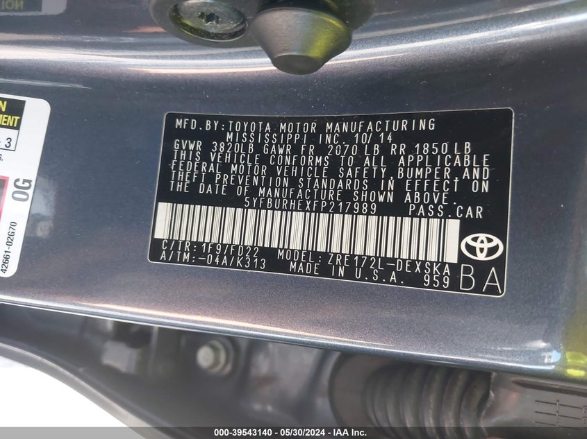 2015 Toyota Corolla L/Le/Le Plus/Le Premium/S/S Plus/S Premium VIN: 5YFBURHEXFP217989 Lot: 39543140