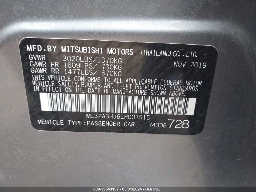 2020 Mitsubishi Mirage Es VIN: ML32A3HJ6LH003515 Lot: 39543167