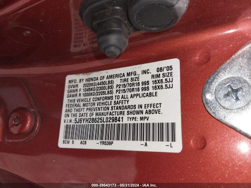 2005 Honda Element Ex VIN: 5J6YH28625L029841 Lot: 39543173