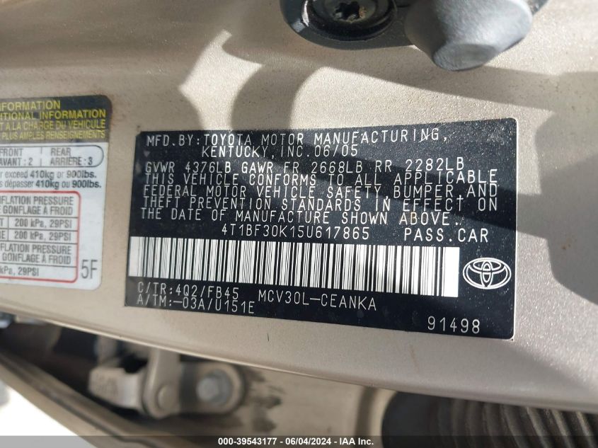2005 Toyota Camry Le V6 VIN: 4T1BF30K15U617865 Lot: 39543177