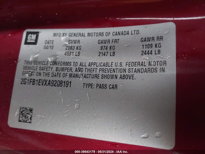 2010 Chevrolet Camaro 1Lt VIN: 2G1FB1EVXA9208191 Lot: 39543179