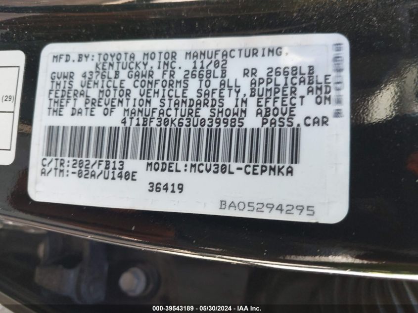 2003 Toyota Camry Le V6 VIN: 4T1BF30K63U039985 Lot: 39543189