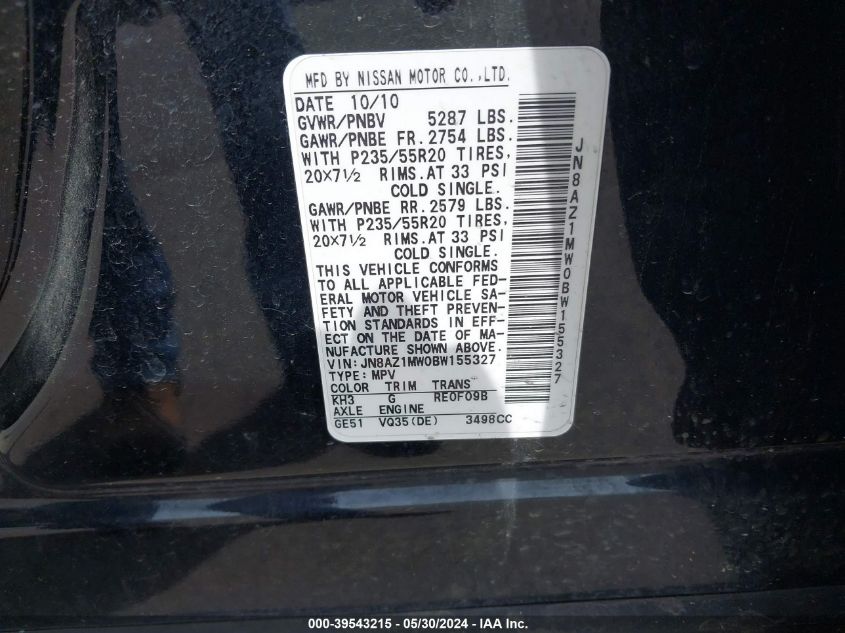 2011 Nissan Murano Le VIN: JN8AZ1MW0BW155327 Lot: 39543215