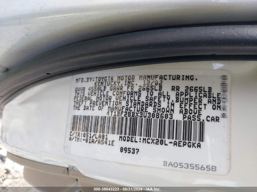 2003 Toyota Avalon Xls VIN: 4T1BF28BX3U308603 Lot: 39543223