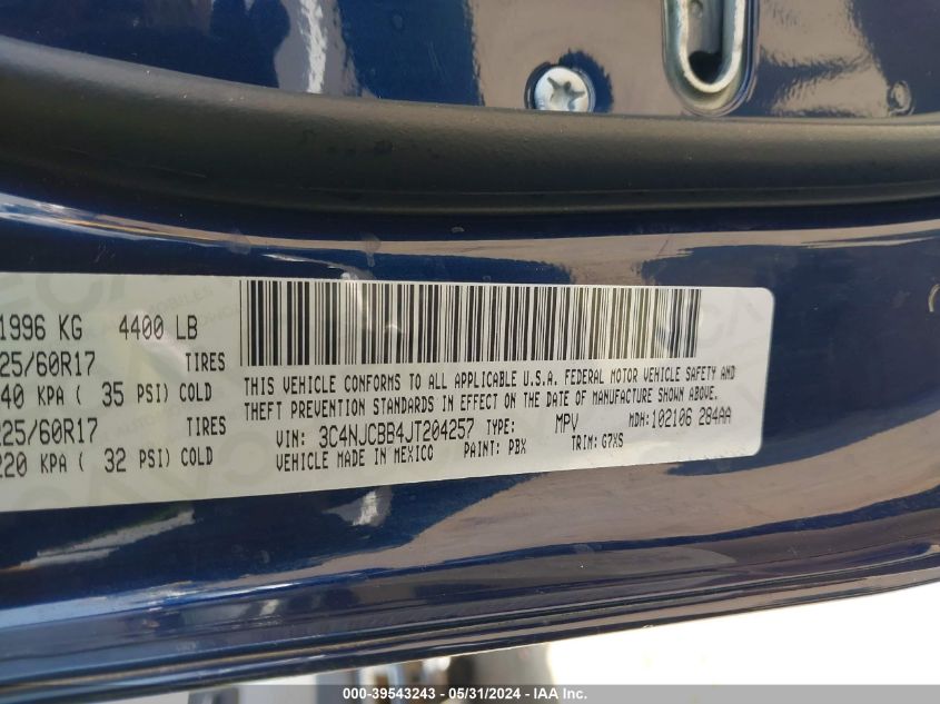 2018 Jeep Compass Latitude Fwd VIN: 3C4NJCBB4JT204257 Lot: 39543243
