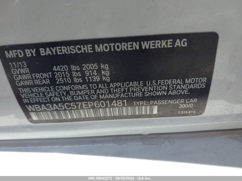 2014 BMW 328I VIN: WBA3A5C57EP601481 Lot: 39543272