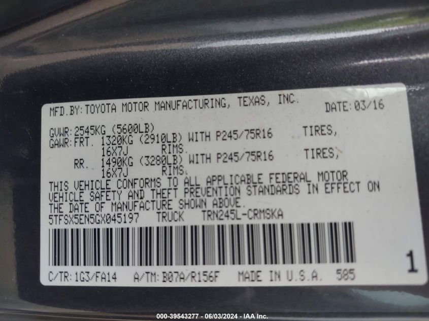 2016 Toyota Tacoma Sr VIN: 5TFSX5EN5GX045197 Lot: 39543277