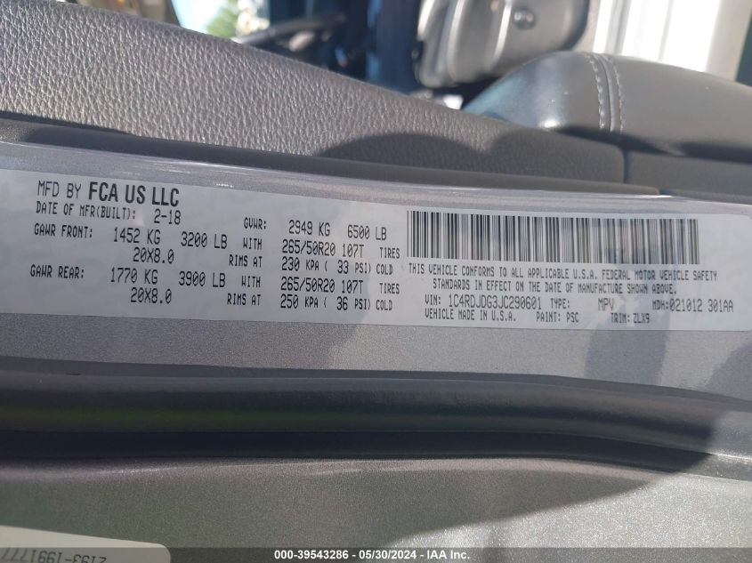 2018 Dodge Durango Gt Awd VIN: 1C4RDJDG3JC290601 Lot: 39543286