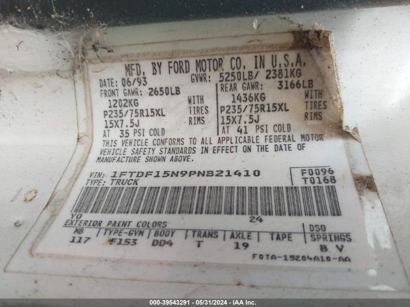 1993 Ford F150 VIN: 1FTDF15N9PNB21410 Lot: 39543291