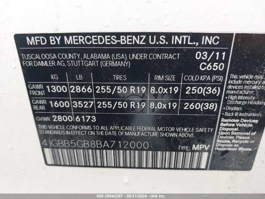 2011 Mercedes-Benz Ml 350 VIN: 4JGBB5GB8BA712000 Lot: 39543297