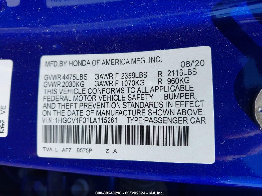 1HGCB1F31LA115261 2020 Honda Accord Sport