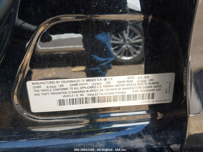 2010 Volkswagen Jetta S VIN: 3VWJZ7AJ5AM079302 Lot: 39543305